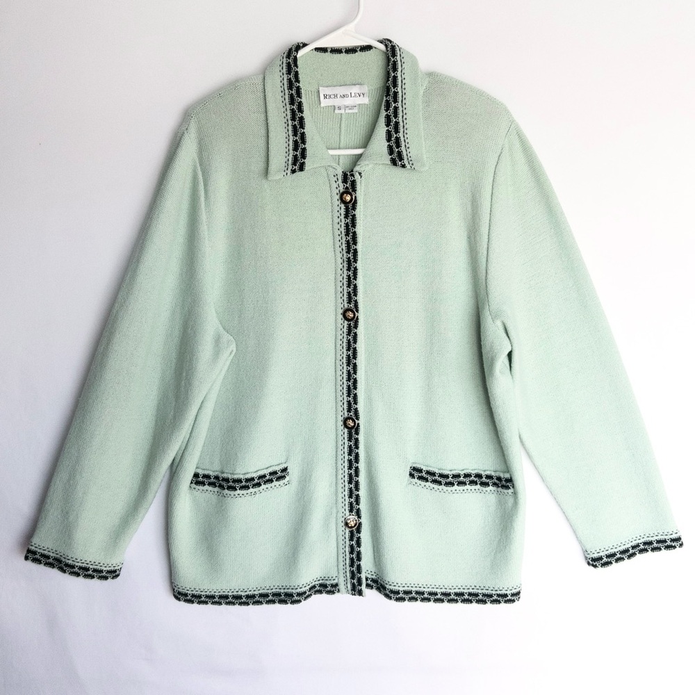 Rich and Levy Santana Knit Cardigan Coastal Grandma Collar Pocket Women M L NWOT